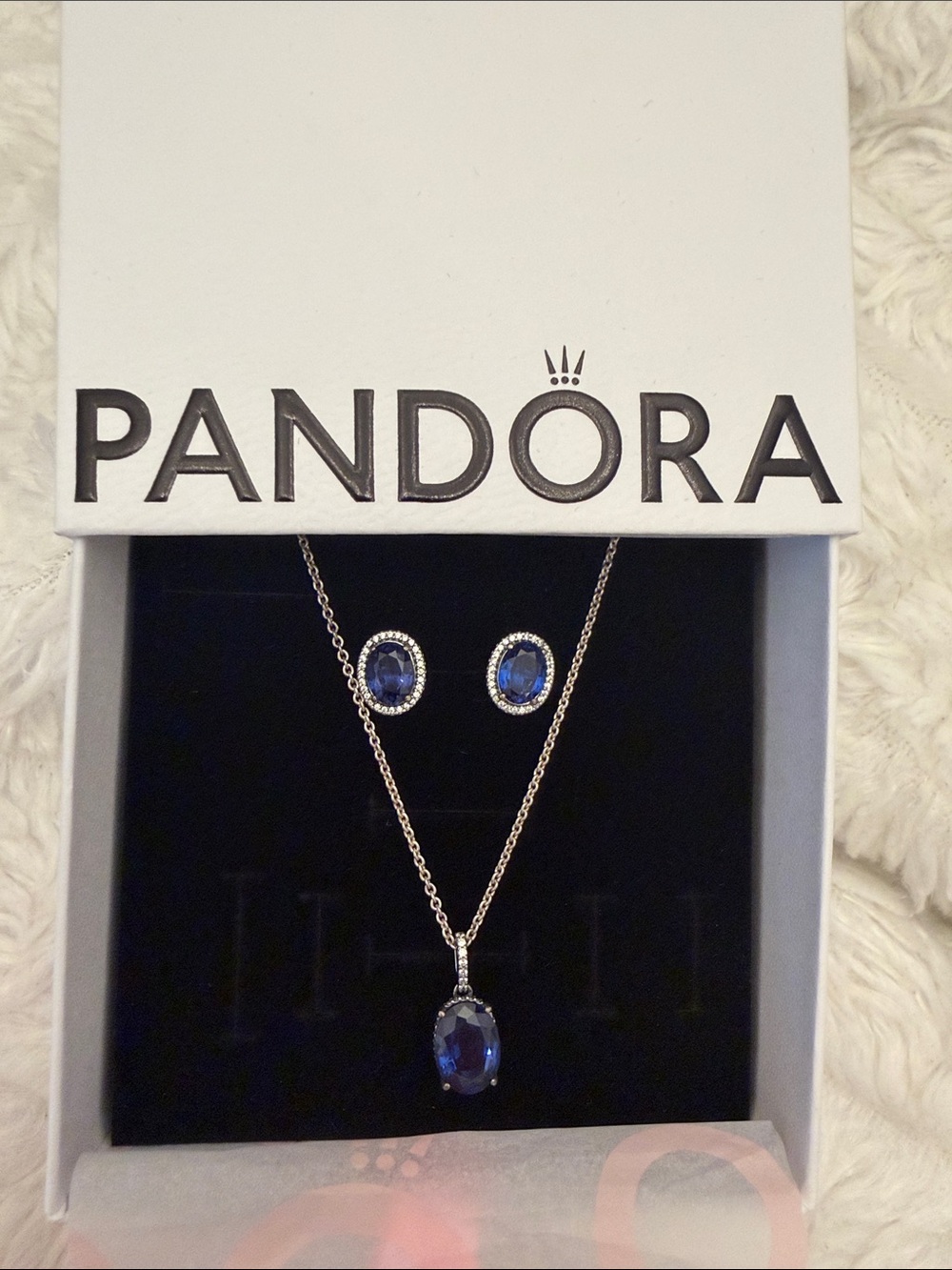 Pandora Silver Necklace and Stud Earring Set with Deep Blue Stones
